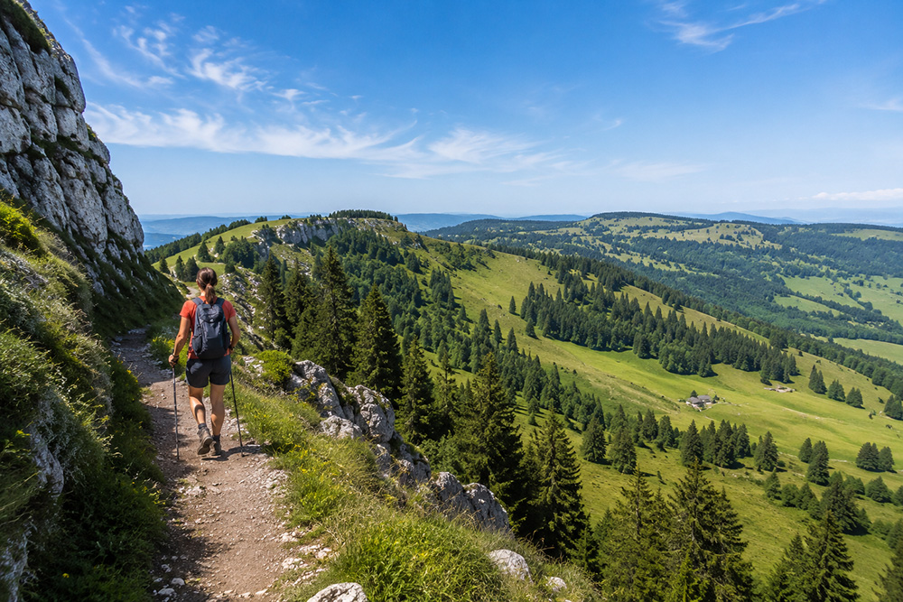 Sentier de randonnée à La Pesse entre falaises, forêts et pâturages du Haut-Jura