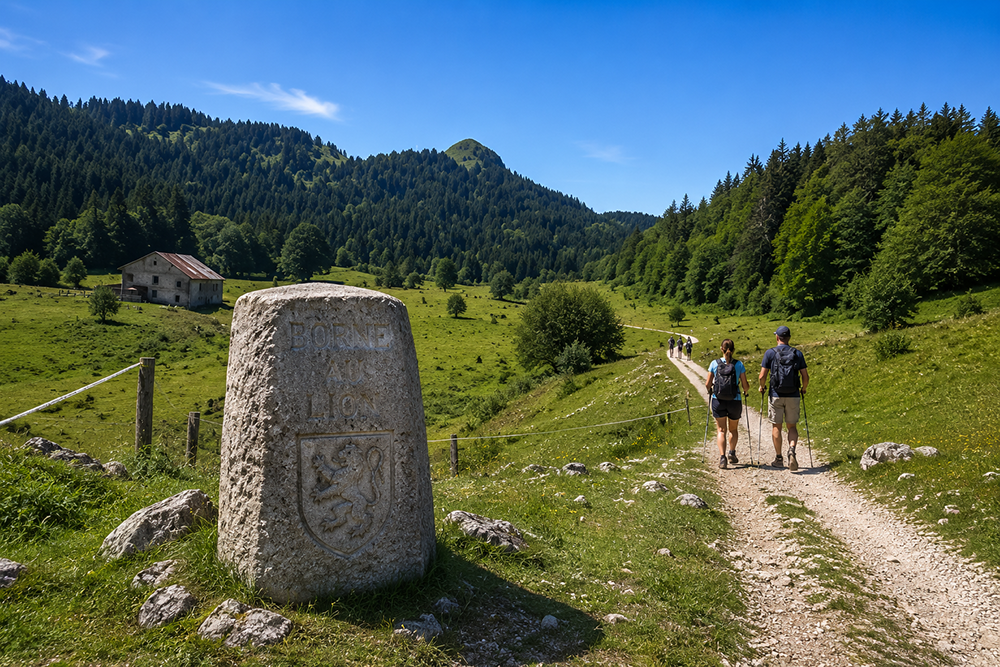 Randonnées dans le Haut Jura - Les Hautes Combes - La borne au lion