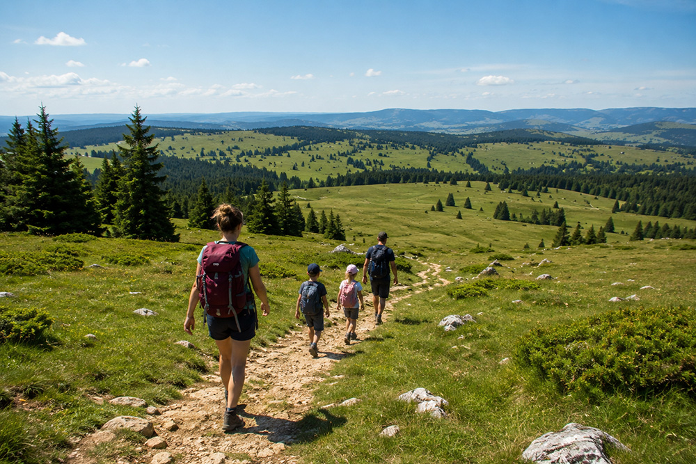 Randonneurs sur un sentier du Haut-Jura